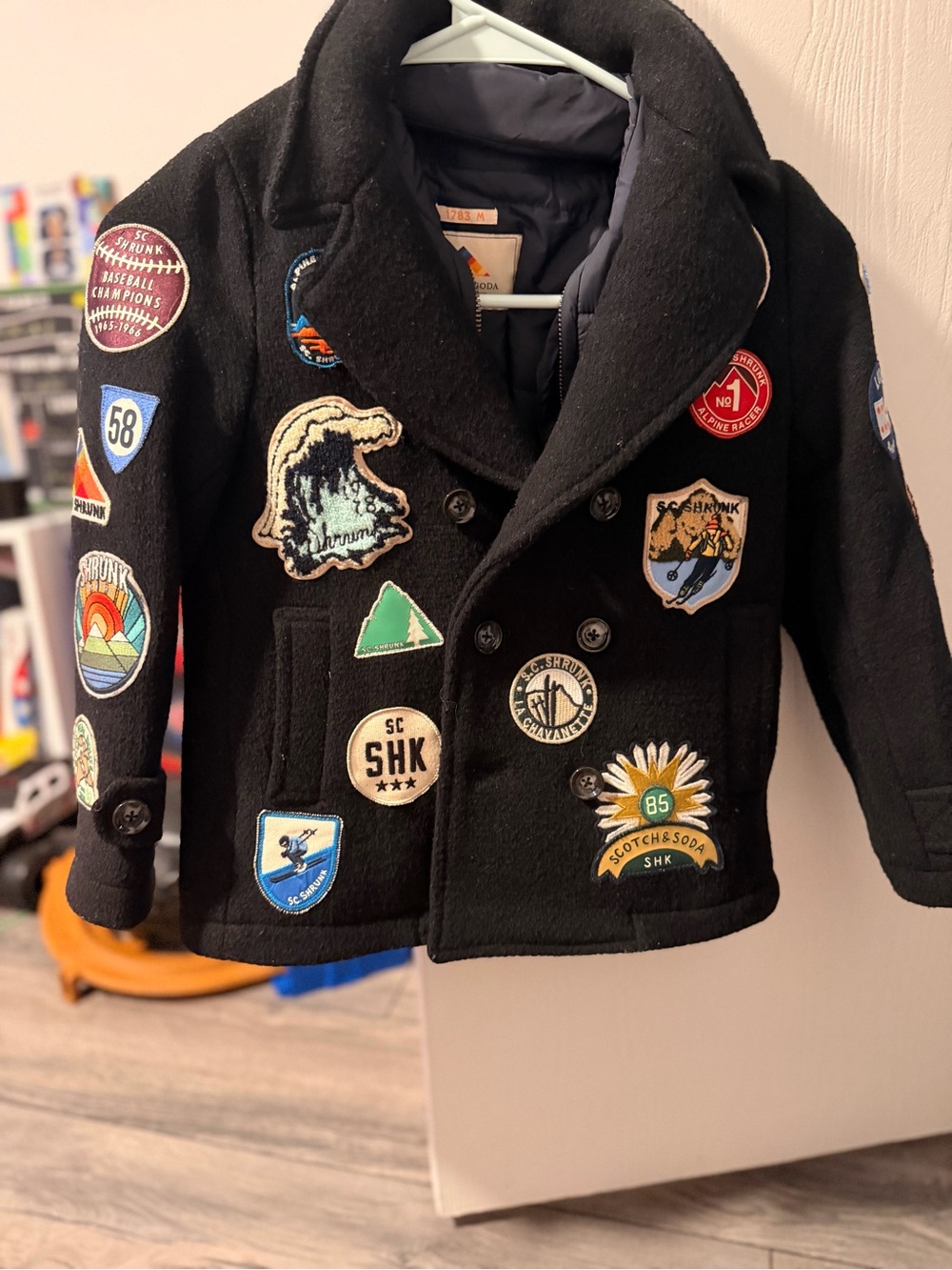 Scotch & Soda Black Kids Patchwork Peacoat with Colorful Badges